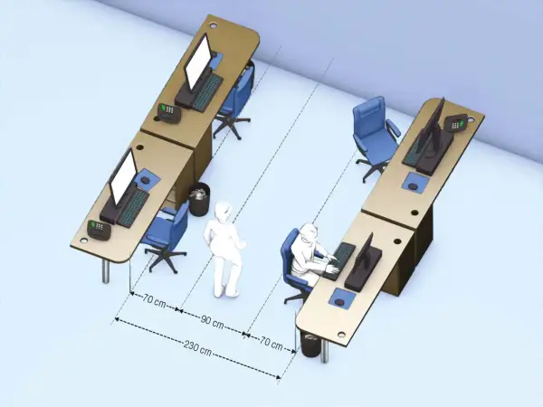 Aménagement de postes de travail respectant le code du travail : distances de 70cm, 90cm et 230cm entre les espaces.