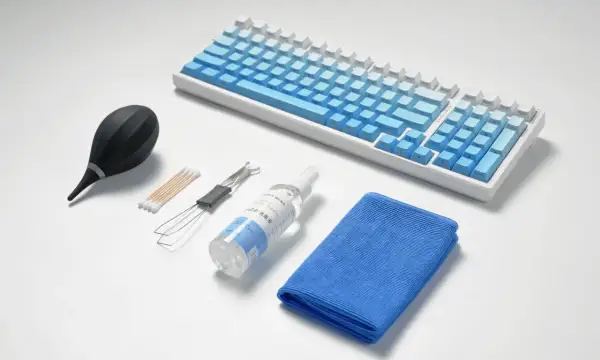 Kit pour nettoyer clavier ordinateur : soufflette, coton-tiges, extracteur de touches, spray nettoyant et chiffon microfibre.