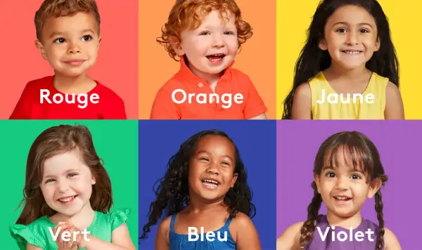 Six enfants souriants, chacun sur un fond de couleur vive. Le rouge, l'orange, le jaune, le vert, le bleu et le violet sont des couleurs favorisant l'apprentissage.