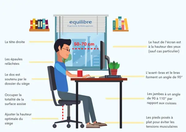 Illustration d'une bonne posture assise, montrant la hauteur personne assise idéale et l'alignement du corps pour le travail.