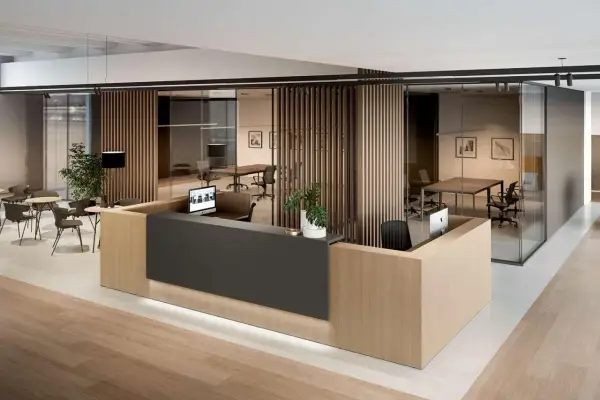 Aménagement espace accueil moderne avec réception en bois clair et gris anthracite, séparations en lattes de bois et bureaux vitrés.