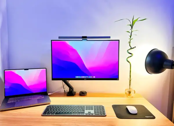 Un bureau de rêve pour un setup développeur : MacBook, écran LG, clavier et souris, avec une touche de verdure.