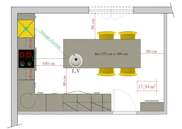 Plan d'une cuisine avec îlot central, évier, plaques de cuisson et réfrigérateur. L'espace autour de la table de salle à manger est optimisé.