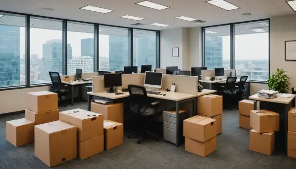 Bureau vide, cartons empilés, prêt pour un déménagement. Les postes de travail sont déserts, la vue sur la ville promet un nouveau départ.