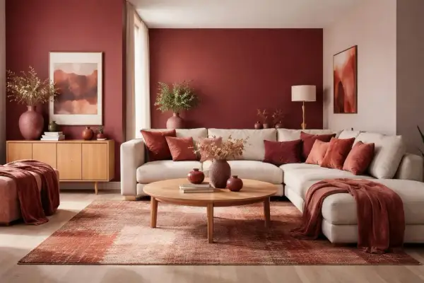 Salon chaleureux aux murs rouge brique, rappelant la teinte marsala pantone. Canapé clair, coussins et tapis dans des tons terreux.