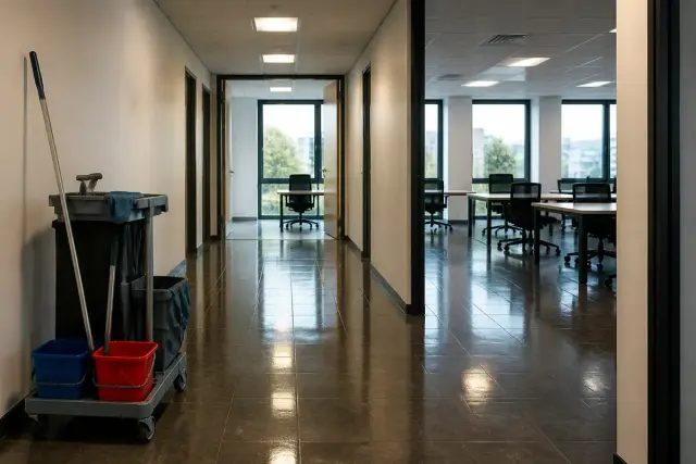Chariot de nettoyage des bureaux avec balais et seaux, prêt pour le nettoyage. Couloir menant à des bureaux vides.